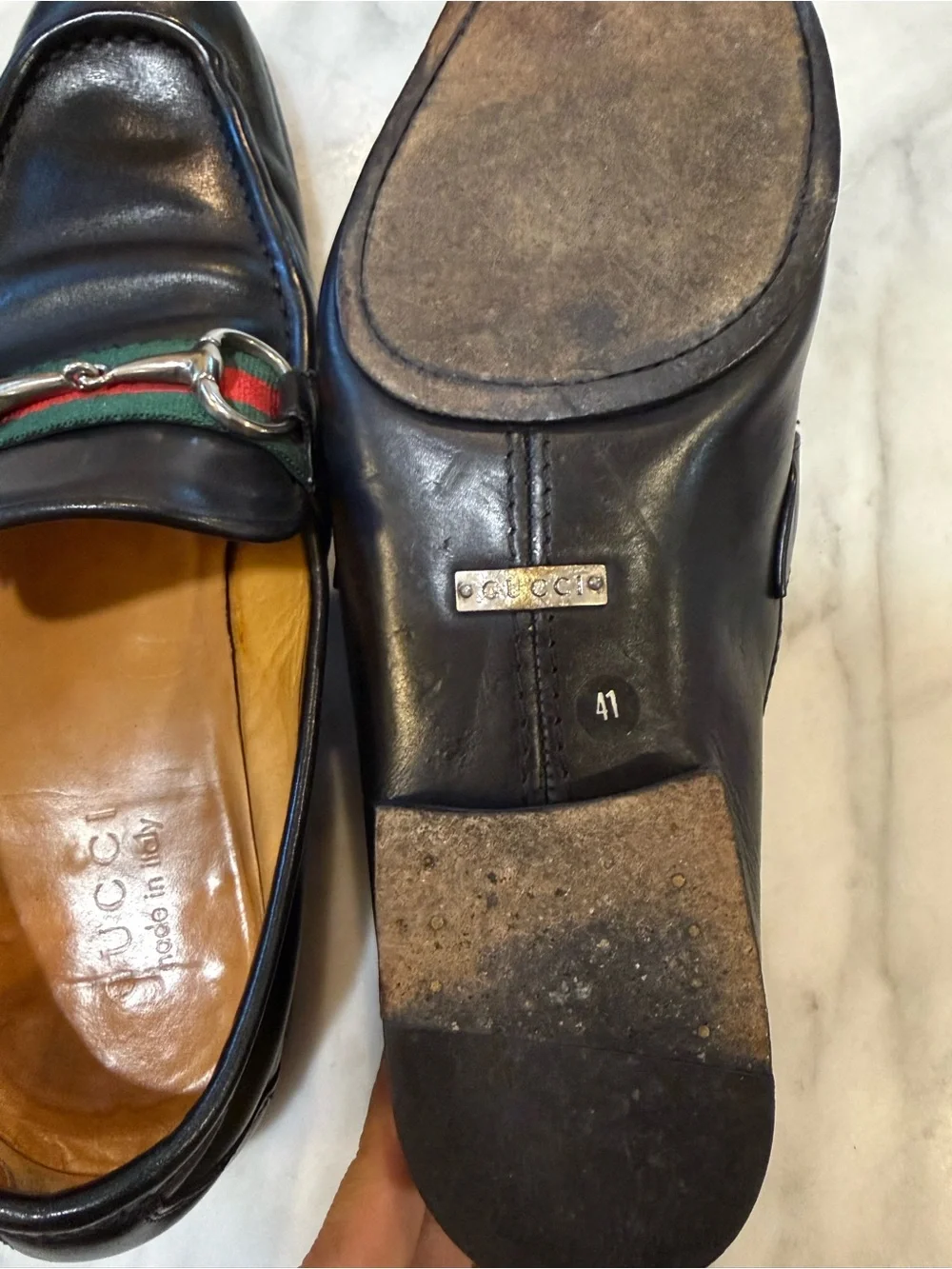 Vintage Gucci Horsebit Loafers Black Leather Web Stripe Mens 41 Italy